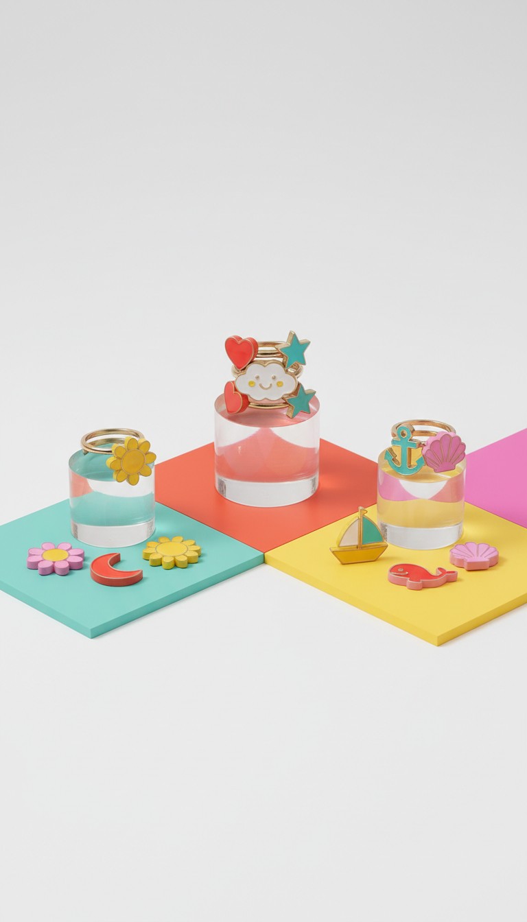 Enamel charm ring stack in playful palette